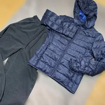 UNIQLO 이네스 후드 부착 네이비 다운 자켓+GU 배럴 레그 팬츠