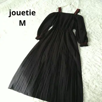 jouetie 오프숄더 플리츠 롱 원피스 M 꽃 자수 스트랩 블랙