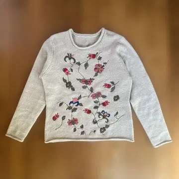 레트로 모헤어 꽃무늬 자수 민트 그린 니트 스웨터 긴팔