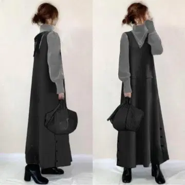 하이넥 V넥 원피스 도킹 롱 가을/겨울 고급 리본