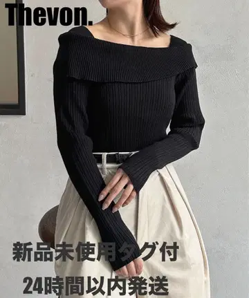 thevon. 오프숄더풍 스퀘어 리브 니트 / 블랙 / 프리 사이즈