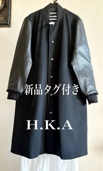 추천! 택 포함 새상품 H.A.K 가죽 소매 캐시미어 코트 블랙