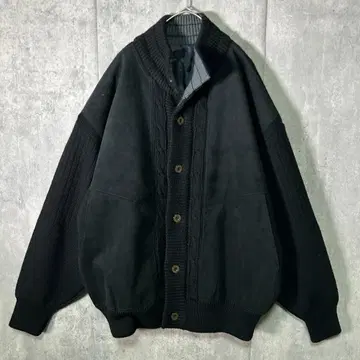 인조 가죽 절개 니트 블루종 안감 올 패턴 블랙 벨로아 빈티지