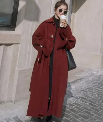 버건디 롱 코트 허리 벨트 포함