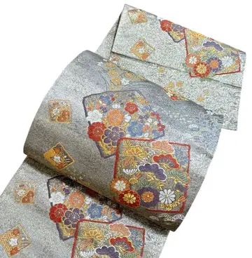 A 176 후쿠로 오비 육통 무늬 금은사 당직 꽃무늬 순수 실크 기모노