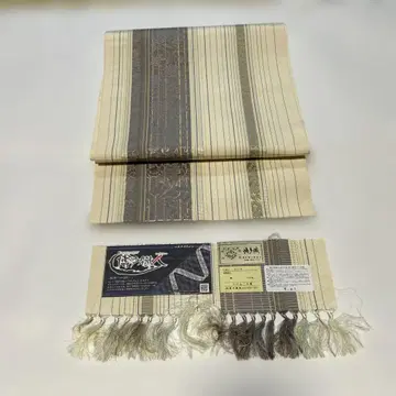 하카타 오리 하스나고야 오비 스트라이프 꽃 무늬 옅은 크림색 옅은 보라색