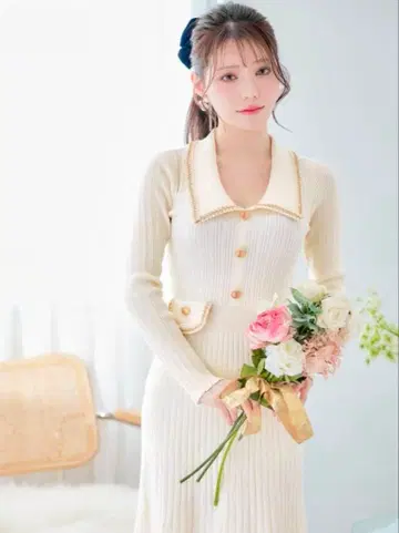 DAZZY [미사용 새상품] 아이보리 리브 니트 원피스 프리 사이즈