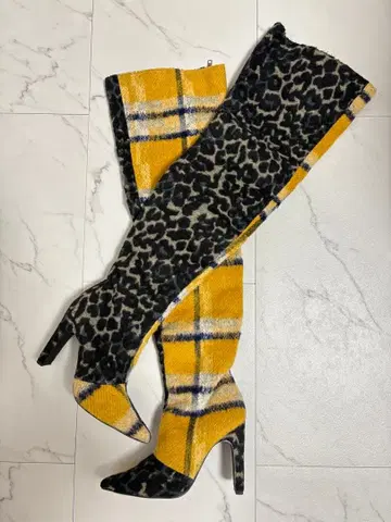 YELLO 레오파드 체크 니하이 부츠