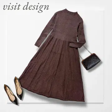 비짓 디자인 니트 원피스(L) 브라운 플레어 리브 절개 고급 성인 여성