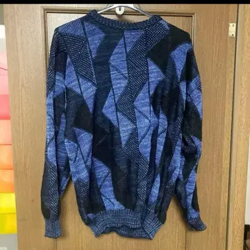니트 스웨터 블루 블랙 아가일 무늬 캐주얼 빈티지