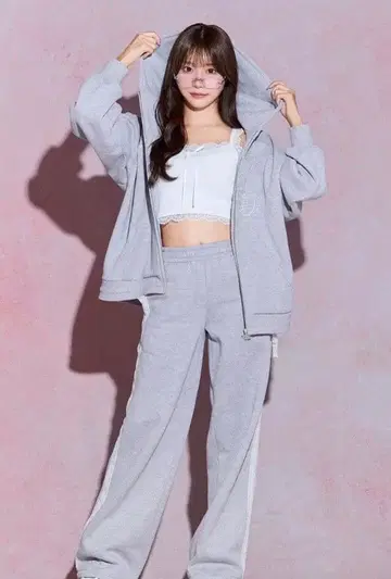 자수 빅 후드티 와이드 팬츠 셋업 그레이 3종 세트