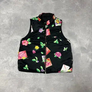 레오나르 리버서블 다운 베스트 꽃무늬 로고 자수