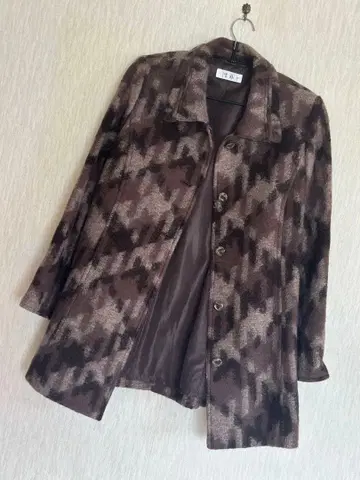 린넨 모헤어 코트 체크 패턴 브라운 갈색 11호 이탈리아 카라 부착 여성