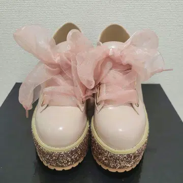 허니살롱 오간자 리본신발 통굽 라메 핑크 23cm