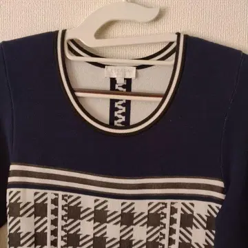 기하학 패턴 네이비 니트 원피스 7부 소매