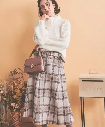 택 포함 미사용 새상품 Noela 체크 트위드 머메이드 스커트 S 브라운