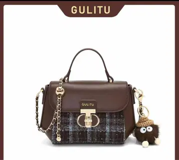 숄더백 브라운 체크 무늬 가로 체인 스트랩