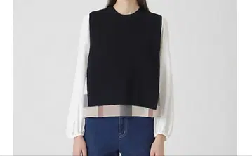 니트 베스트 포함 체크 콤비 블라우스