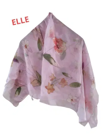 ELLE 꽃무늬 스카프 대형 핑크 실크 100%