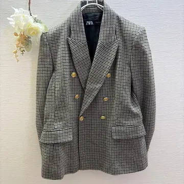 새상품급 ZARA 자라 체크 무늬 더블 골드 버튼 테일러드 자켓 L