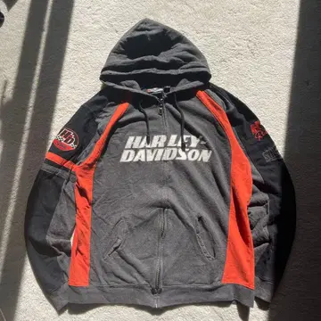 할리데이비슨 로고 자수 와펜 래글런 집업 후드티
