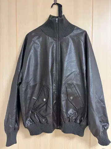 MSG 브라운 가죽 자켓 오버 사이즈 리브 하이넥