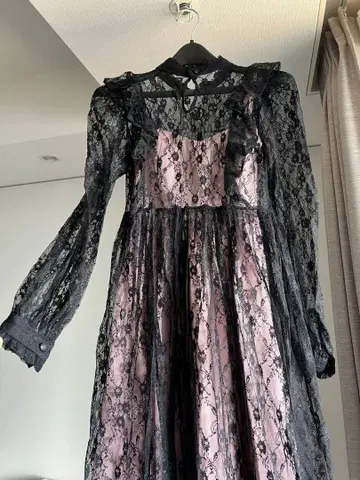 onespo 블랙 레이스 핑크 원피스