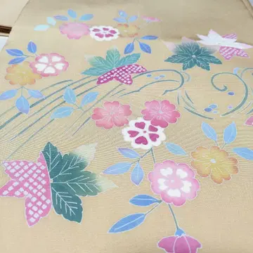 시오제 나고야 오비 크림색 꽃무늬 낙관 염색 순수 실크