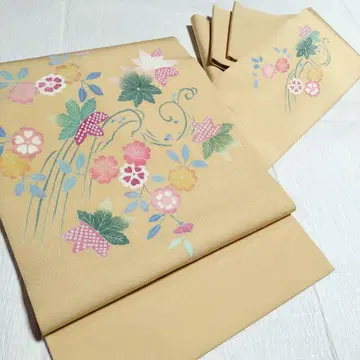 시오제 나고야 오비 크림색 꽃무늬 낙관 염색 순수 실크