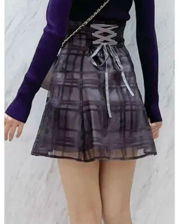 머큐리 듀오 시어 체크 백 레이스업 미니 치마바지 M