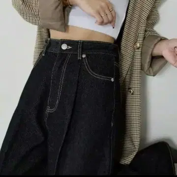 블랙 하이웨스트 턱 와이드 데님 팬츠