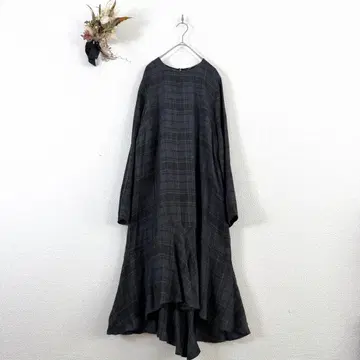 ZARA 체크 긴팔 롱 원피스 비대칭