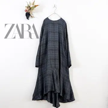 ZARA 체크 긴팔 롱 원피스 비대칭
