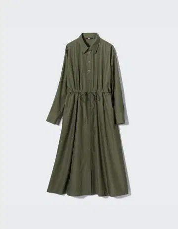 [ 새상품 미사용 ] 유니클로 코튼 롱 셔츠 원피스 다크 그린 L