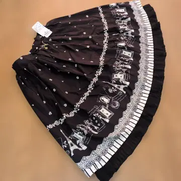 택 포함 미사용 엑시즈팜 블랙 플레어 스커트 레이스 아트 프린트