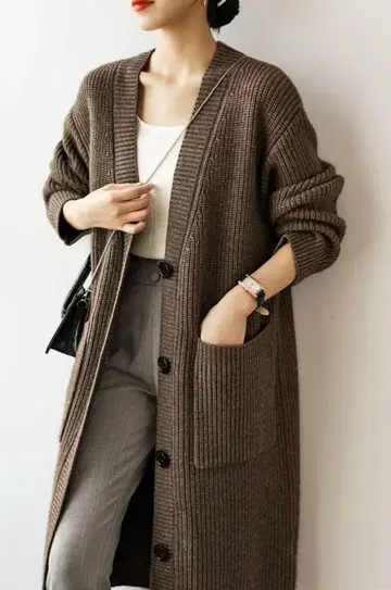 브라운 롱 가디건 니트 롱 니트 V넥 아우터