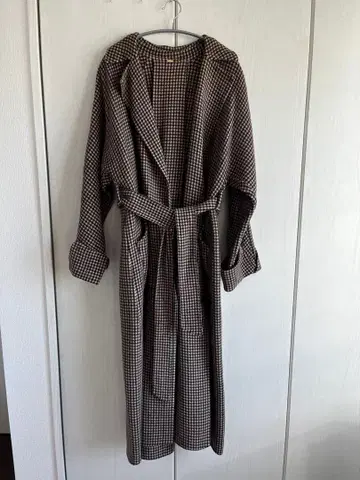 브라운 체크 롱 코트 벨트 포함