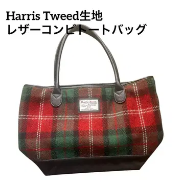 해리스 트위드 체크 무늬 가죽 콤비 토트백
