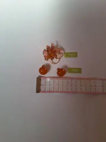 오렌지 앰버 브로치 귀걸이 세트