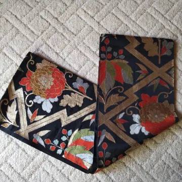 후쿠로 오비 꽃무늬 블랙 금