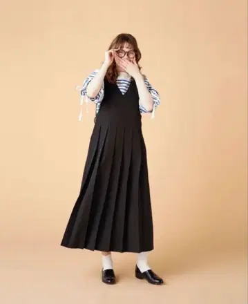 natiam 플리츠 오버롤 스커트 블랙 M 사이즈 여성용