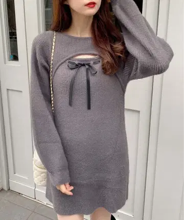 INGNI 페더 데콜테 오픈 니트 원피스