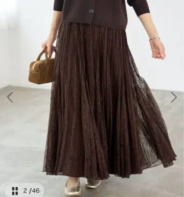 새상품 이에나 레이스 플리츠 스커트 브라운 36