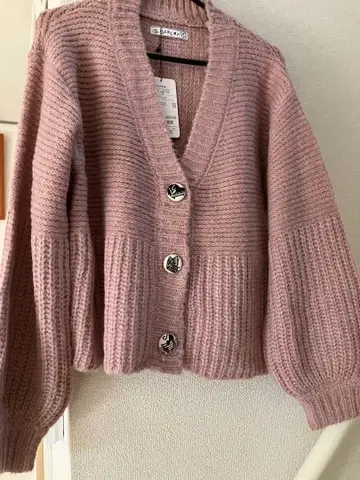 스칼라 음악 모티브 싸개 버튼 니트 가디건 핑크