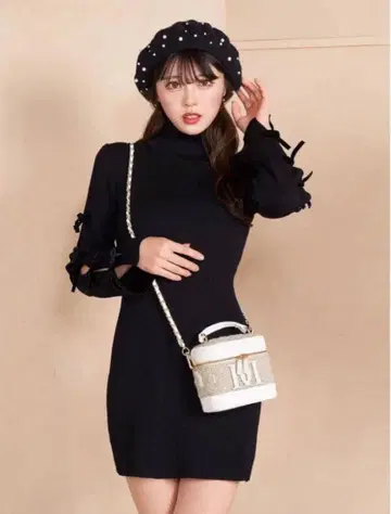 다리치 암 리본 리브 니트 미니 원피스 블랙 free