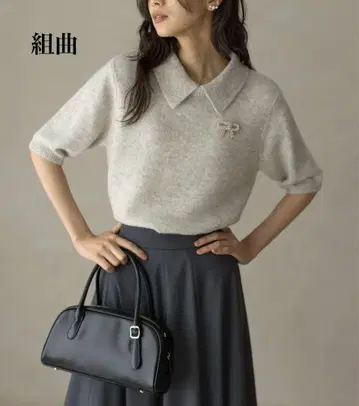 거의 미사용 쿠미쿄쿠 [옷깃 탈부착 가능] 스팽글얀 5부 소매 니트 L