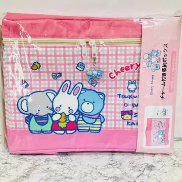 미사용품 치어리 참 뚜껑 포함 수납 박스 산리오 핑크 체크