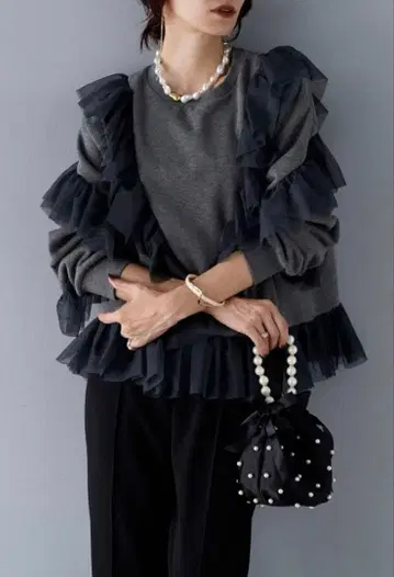 frene 속기모 튤 믹스 맨투맨 풀오버 그레이