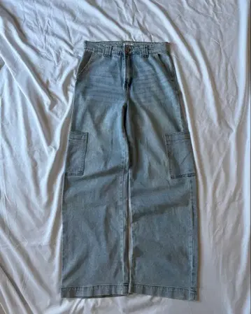 와이드 배기 하이 웨이스트 데님 카고 팬츠