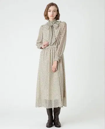 룰루빌비 데신 도트 프릴 보타이 원피스 2 베이지